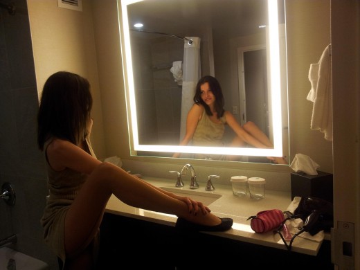 Angel______ from MyFreeCams in front of mirror wearing pantyhose