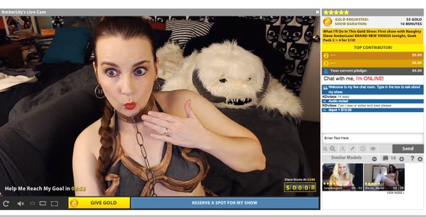 Streamate camgirl AmberLily dressed as Princess Leia in her slave girl outfit