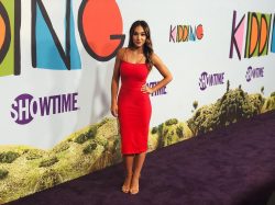 TV Host Danielle Robay in red dress on red carpet